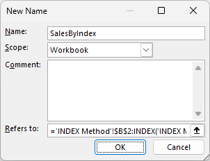 New Name dialog defining SalesByIndex with INDEX and COUNTA.