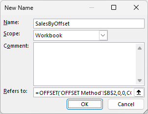 New Name dialog defining SalesByOffset with OFFSET and COUNTA.