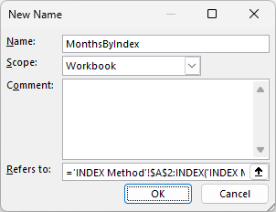 New Name dialog defining MonthsByIndex for the month labels.