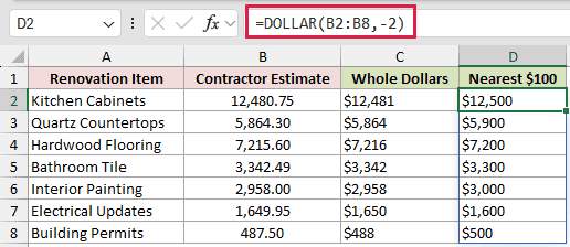 =DOLLAR(B2:B8,-2) in D2