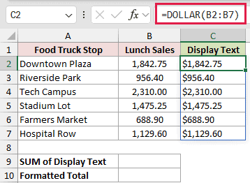 =DOLLAR(B2:B7) in C2