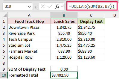 =DOLLAR(SUM(B2:B7)) in B10