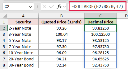=DOLLARDE(B2:B8+0,32) in C2