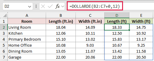 =DOLLARDE(B2:C7+0,12) in D2