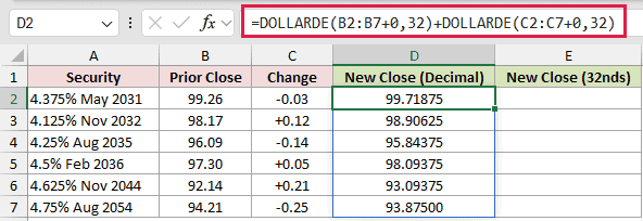 =DOLLARDE(B2:B7+0,32)+DOLLARDE(C2:C7+0,32) in D2