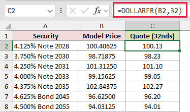 =DOLLARFR(B2,32) in C2