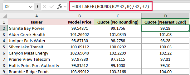 =DOLLARFR(ROUND(B2*32,0)/32,32) in D2