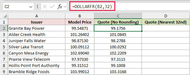 =DOLLARFR(B2,32) in C2