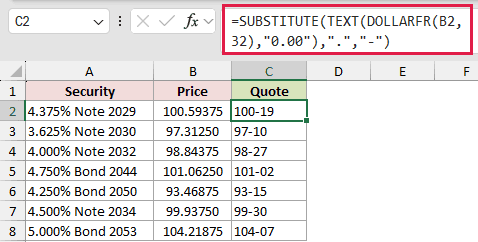 =SUBSTITUTE(TEXT(DOLLARFR(B2,32),"0.00"),".","-") in C2