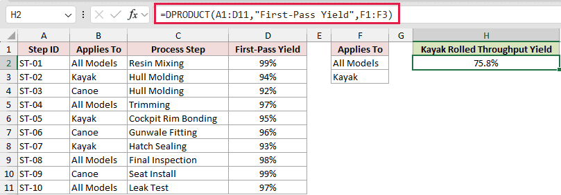 =DPRODUCT(A1:D11,"First-Pass Yield",F1:F3) in H2