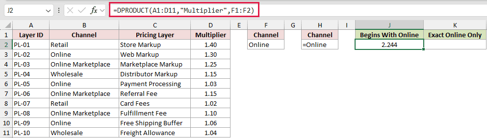 =DPRODUCT(A1:D11,"Multiplier",F1:F2) in J2