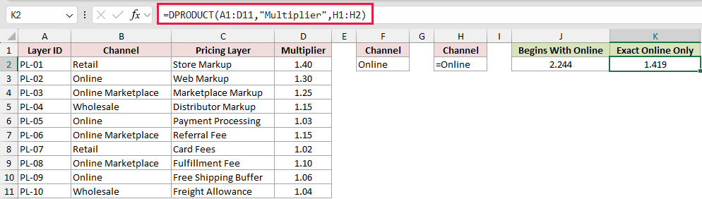 =DPRODUCT(A1:D11,"Multiplier",H1:H2) in K2