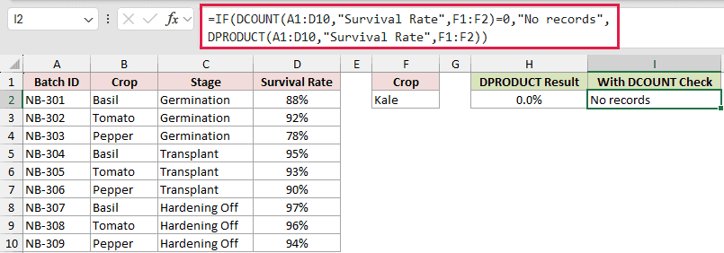 =IF(DCOUNT(A1:D10,"Survival Rate",F1:F2)=0,"No records",DPRODUCT(A1:D10,"Survival Rate",F1:F2)) in I2