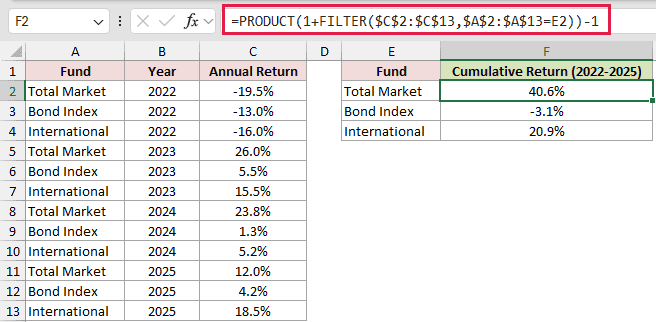 =PRODUCT(1+FILTER($C$2:$C$13,$A$2:$A$13=E2))-1 in F2
