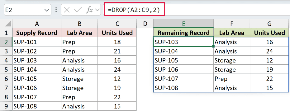 =DROP(A2:C9,2) in E2