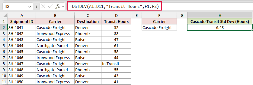 =DSTDEV(A1:D11,"Transit Hours",F1:F2) in H2