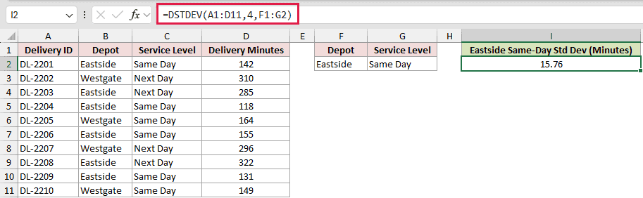 =DSTDEV(A1:D11,4,F1:G2) in I2