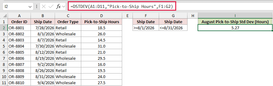 =DSTDEV(A1:D11,"Pick-to-Ship Hours",F1:G2) in I2