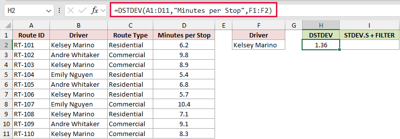 =DSTDEV(A1:D11,"Minutes per Stop",F1:F2) in H2