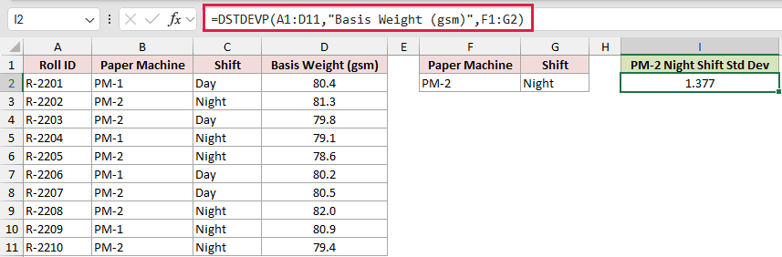 =DSTDEVP(A1:D11,"Basis Weight (gsm)",F1:G2) in I2