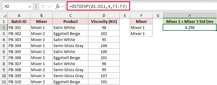 =DSTDEVP(A1:D11,4,F1:F3) in H2