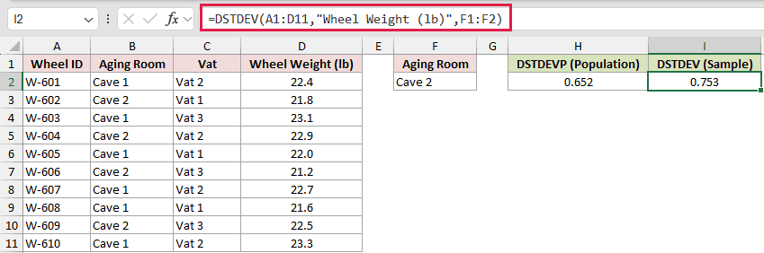 =DSTDEV(A1:D11,"Wheel Weight (lb)",F1:F2) in I2