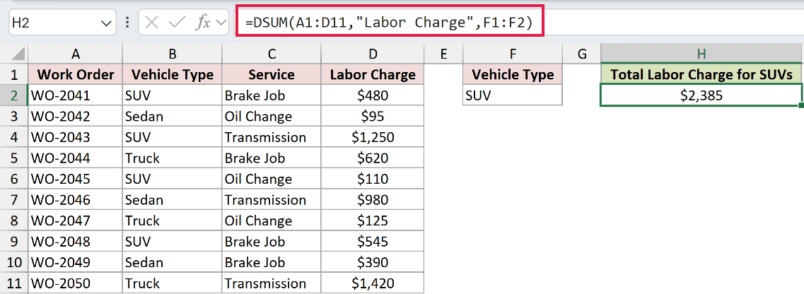 =DSUM(A1:D11,"Labor Charge",F1:F2) in H2