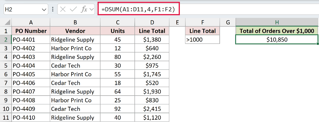 =DSUM(A1:D11,4,F1:F2) in H2