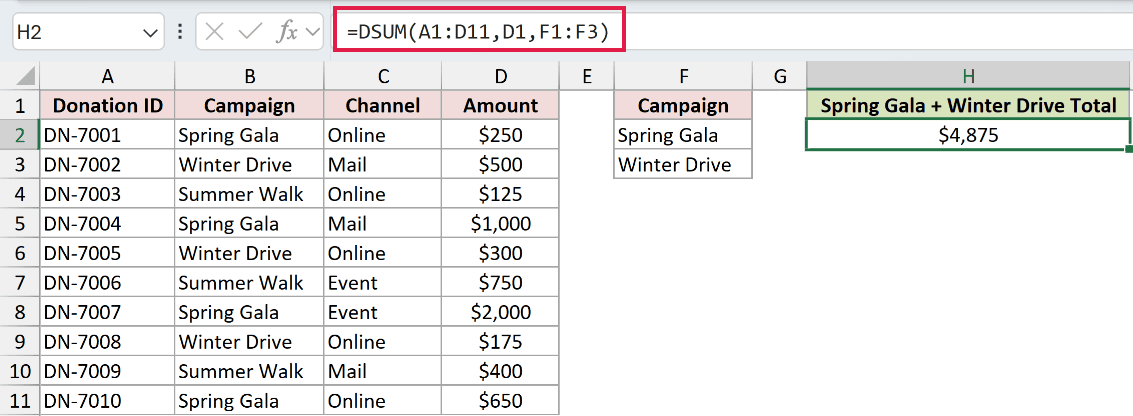 =DSUM(A1:D11,D1,F1:F3) in H2