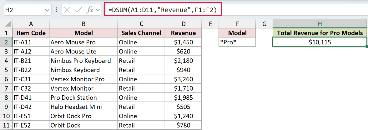 =DSUM(A1:D11,"Revenue",F1:F2) in H2