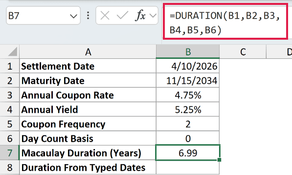 =DURATION(B1,B2,B3,B4,B5,B6) in B7