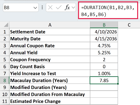 =DURATION(B1,B2,B3,B4,B5,B6) in B8