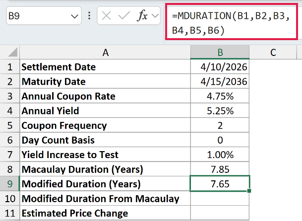 =MDURATION(B1,B2,B3,B4,B5,B6) in B9