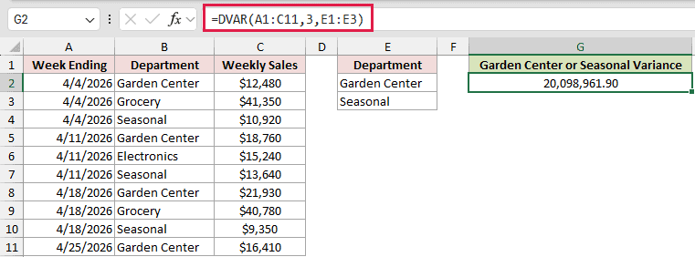 =DVAR(A1:C11,3,E1:E3) in G2