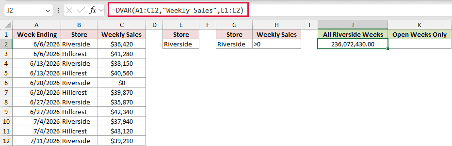 =DVAR(A1:C12,"Weekly Sales",E1:E2) in J2