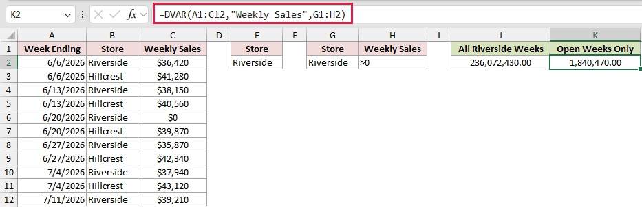=DVAR(A1:C12,"Weekly Sales",G1:H2) in K2