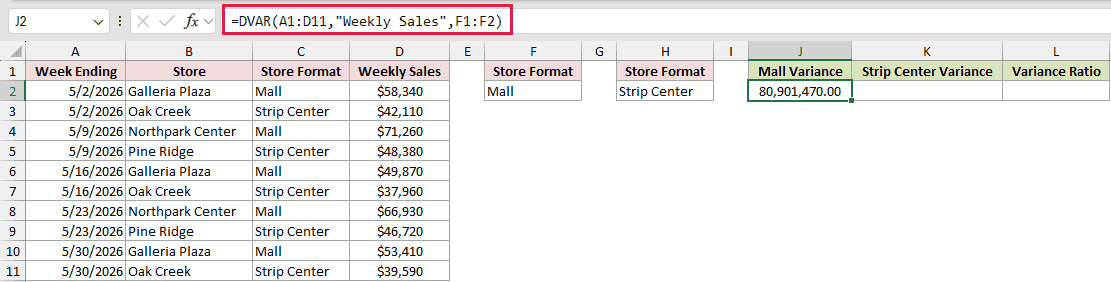 =DVAR(A1:D11,"Weekly Sales",F1:F2) in J2