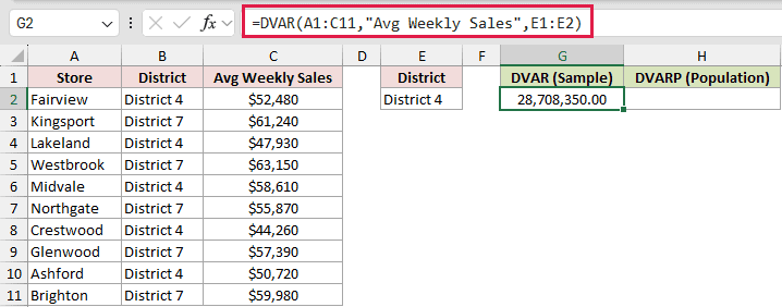 =DVAR(A1:C11,"Avg Weekly Sales",E1:E2) in G2