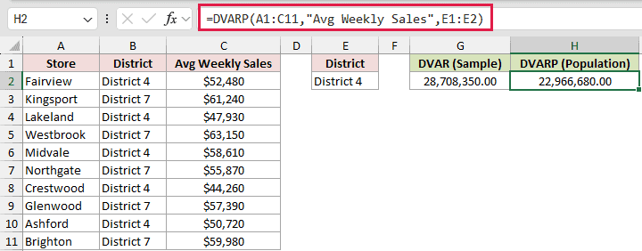=DVARP(A1:C11,"Avg Weekly Sales",E1:E2) in H2