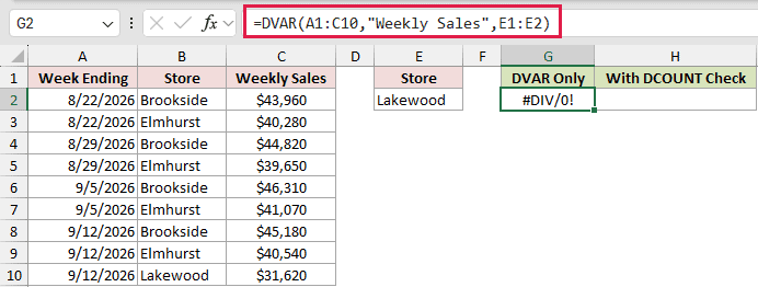 =DVAR(A1:C10,"Weekly Sales",E1:E2) in G2