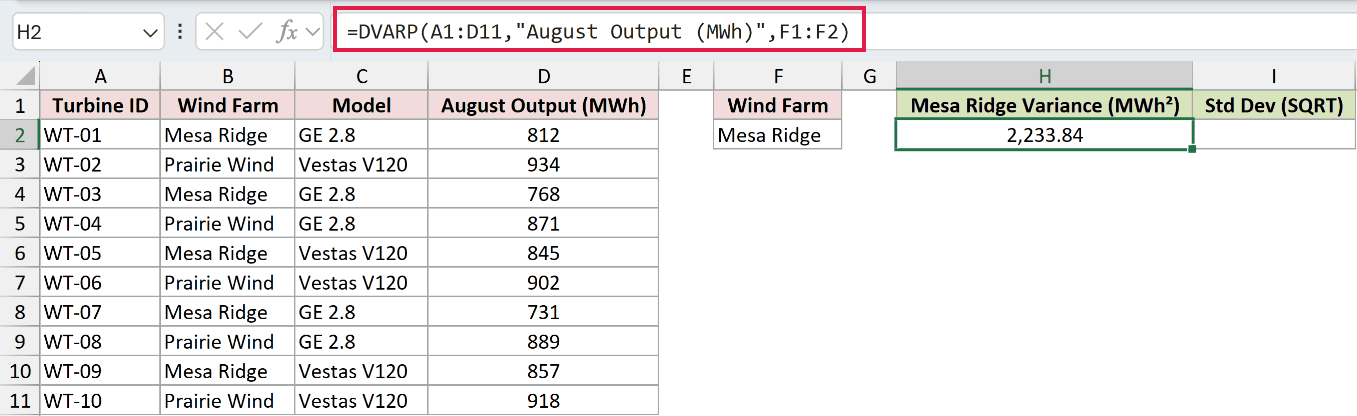 =DVARP(A1:D11,"August Output (MWh)",F1:F2) in H2