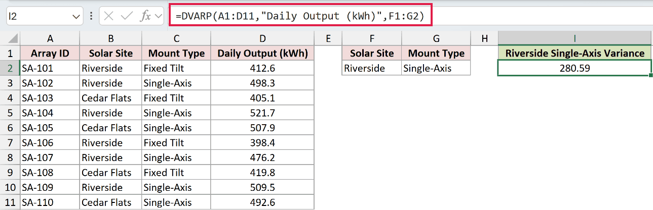 =DVARP(A1:D11,"Daily Output (kWh)",F1:G2) in I2