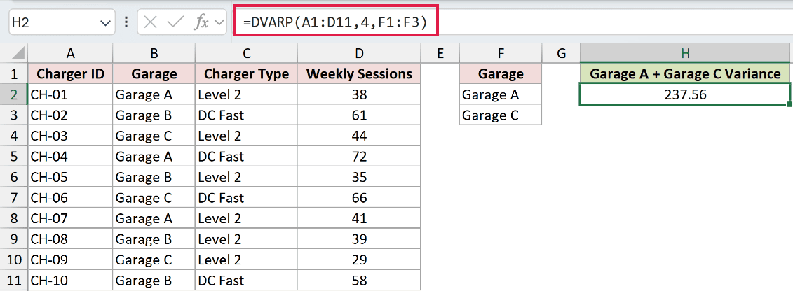 =DVARP(A1:D11,4,F1:F3) in H2