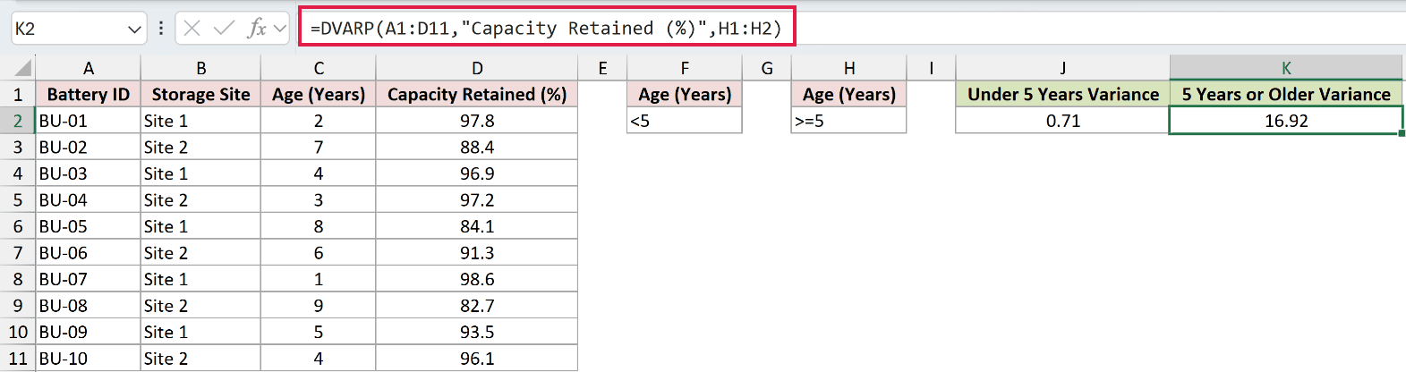 =DVARP(A1:D11,"Capacity Retained (%)",H1:H2) in K2