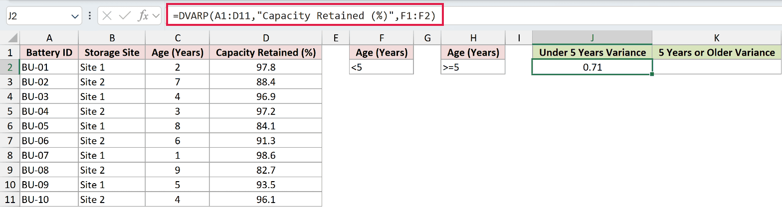 =DVARP(A1:D11,"Capacity Retained (%)",F1:F2) in J2