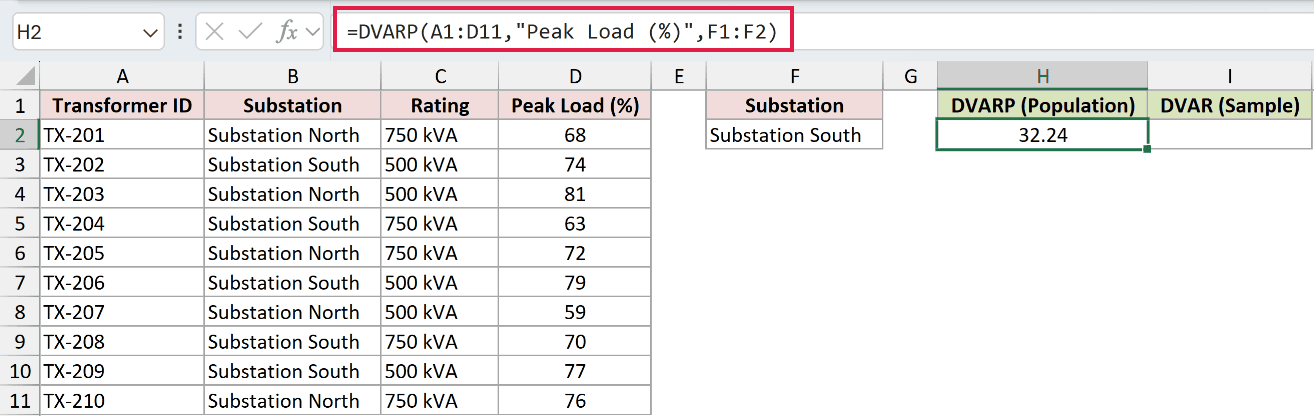 =DVARP(A1:D11,"Peak Load (%)",F1:F2) in H2