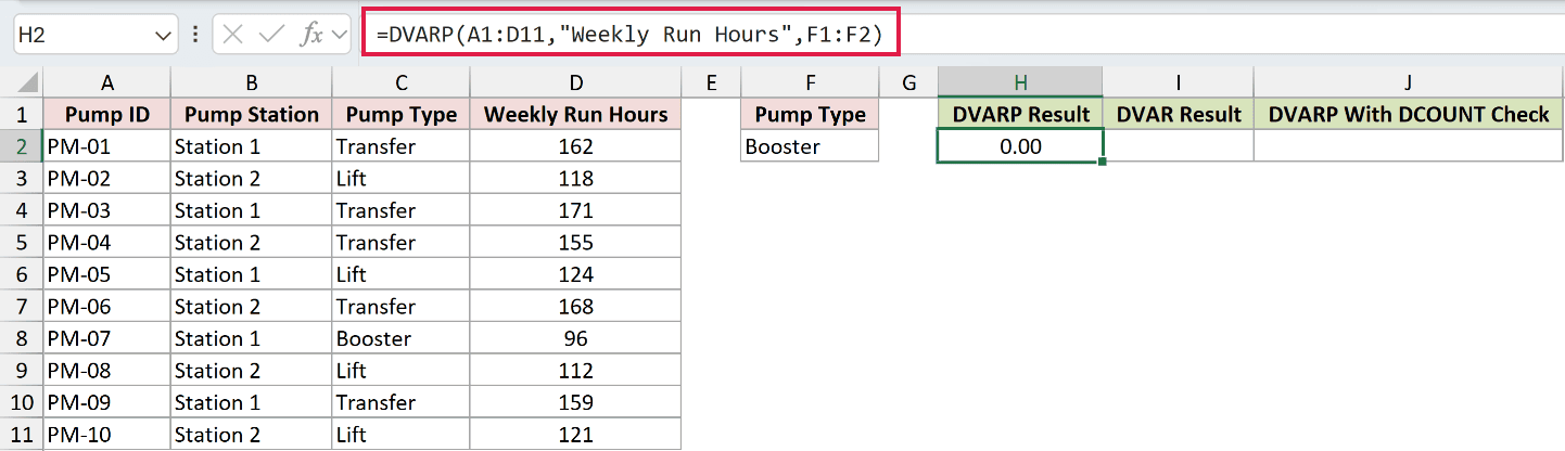=DVARP(A1:D11,"Weekly Run Hours",F1:F2) in H2