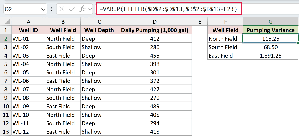=VAR.P(FILTER($D$2:$D$13,$B$2:$B$13=F2)) in G2