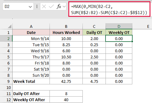 Weekly OT formula counts only hours that were not already daily overtime.
