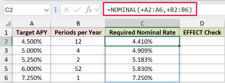 =NOMINAL(+A2:A6,+B2:B6) in C2